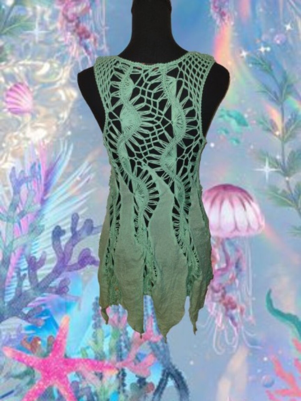Mermaidcore Boho Blue Green Crochet Top - Picture 4 of 16